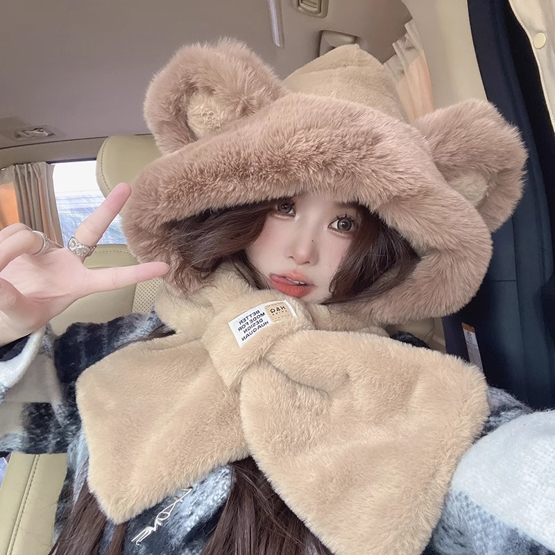 Cute Bear Hat Scarf Integrated - Trapper Hat Ear Flap ulasan dan harga